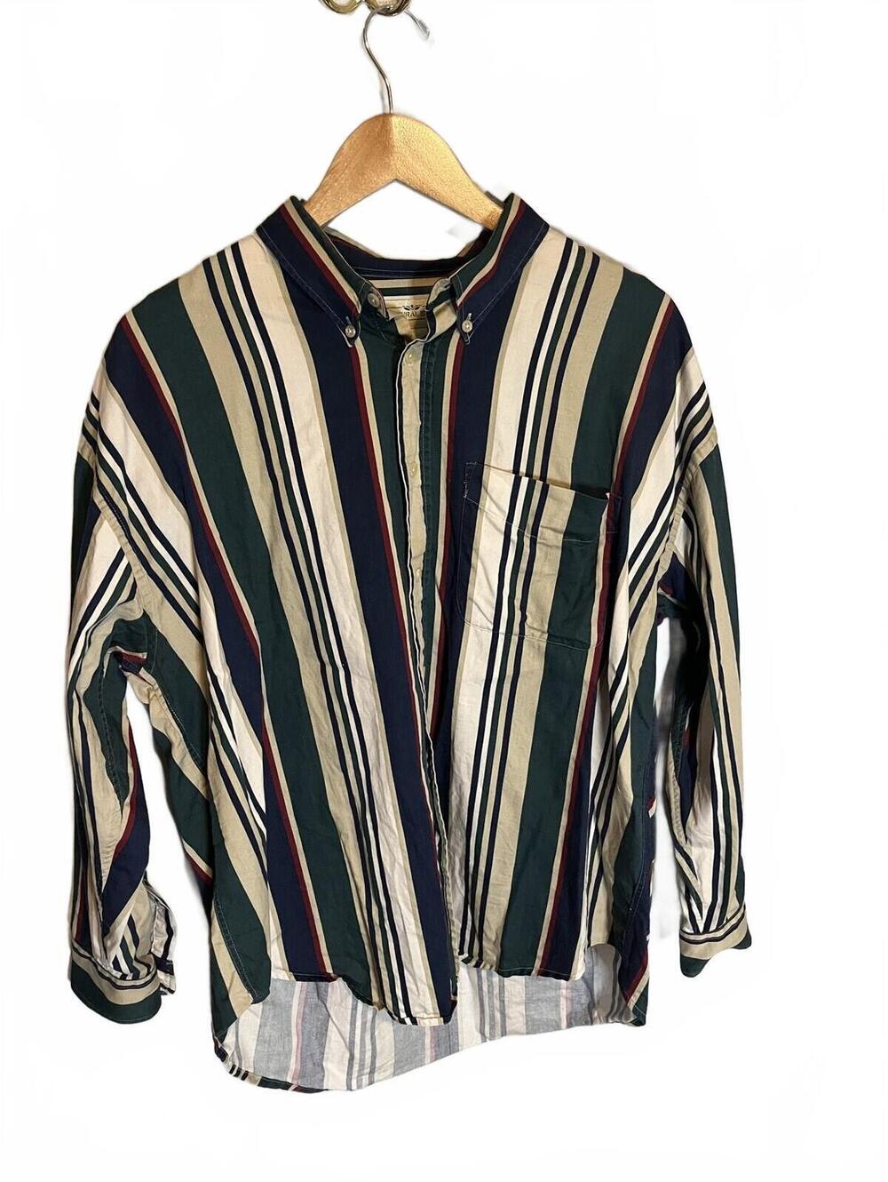 Vintage Y2K 90's Vintage Button-Up Shirt Vertical Striped XL VTG Navy Green